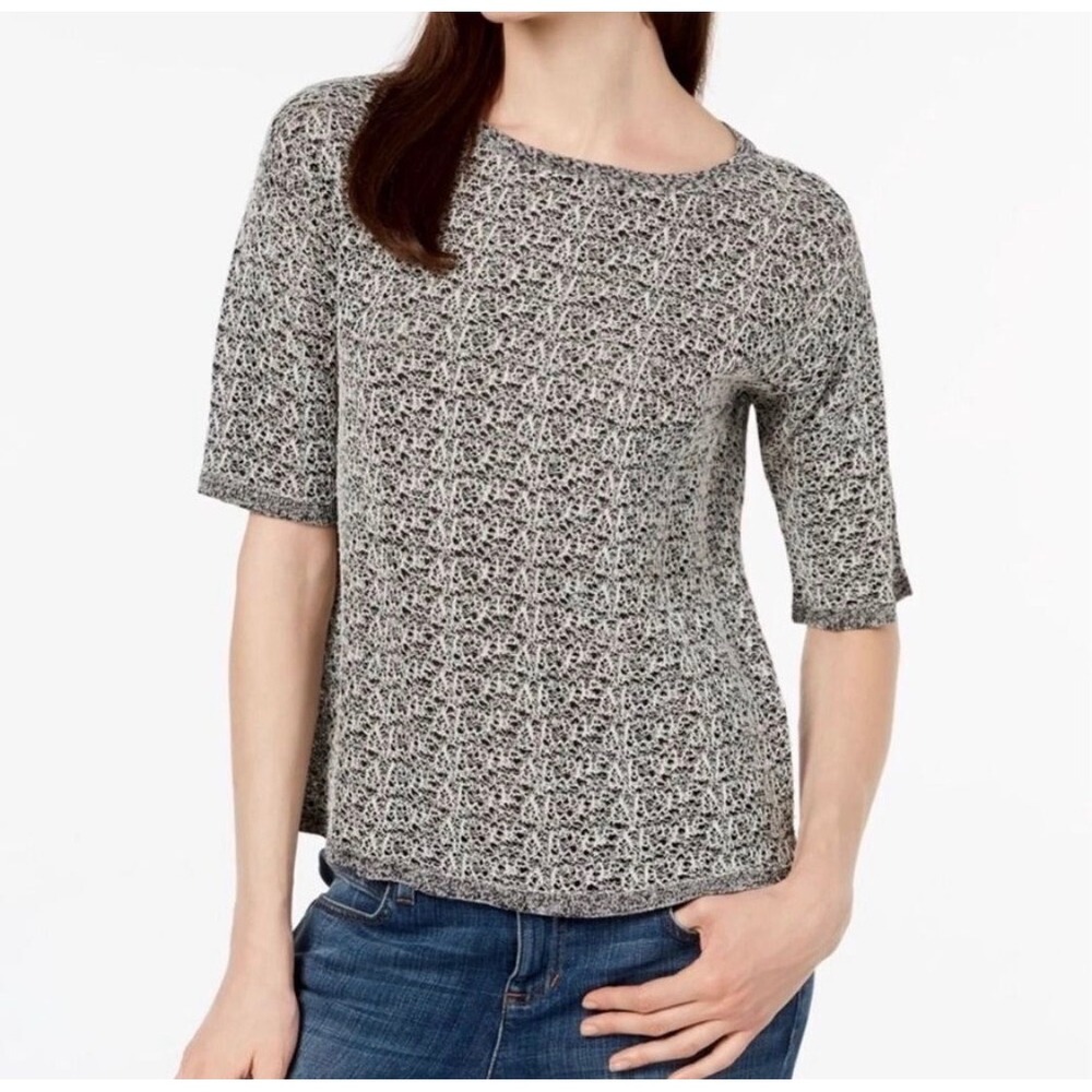 Eileen Fisher Linen Knit Top Women M Black White Lagenlook Boxy‎ Scoop Neck Tee